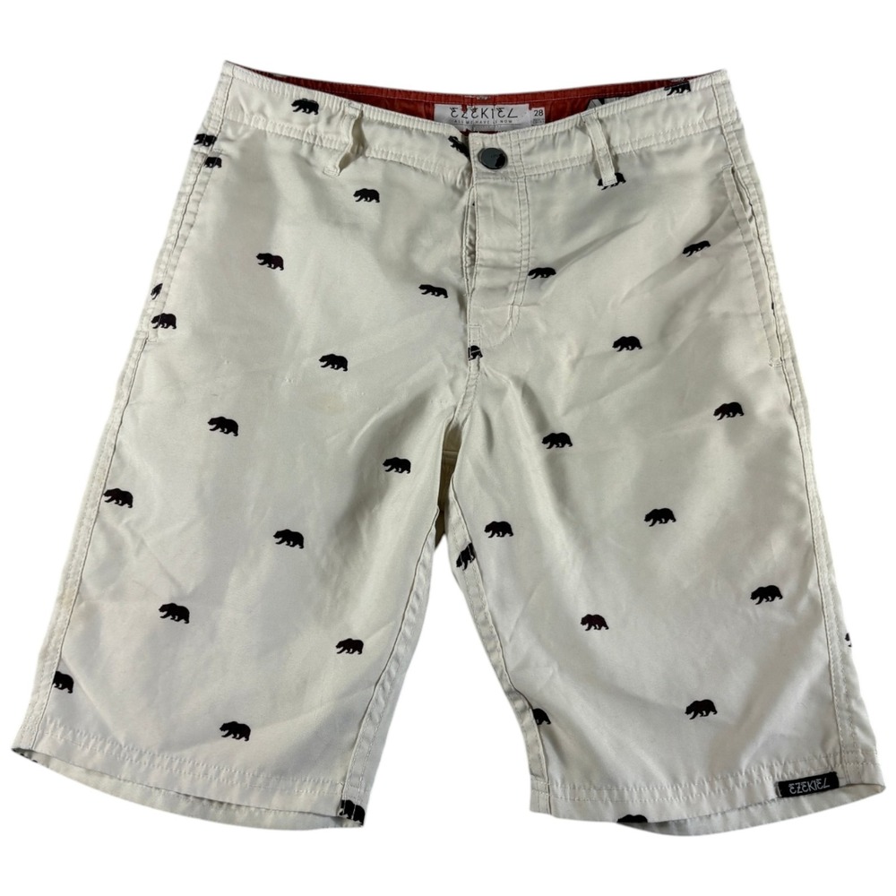 Ezekiel Hybrid Board Shorts Men 28 Beige Bear All Over Print Mesh Lining Walking